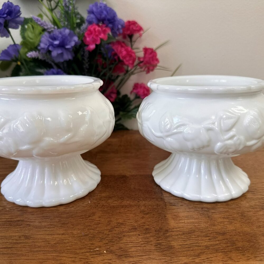 Vintage Milk Glass Planters Set of 2 Pedestal Floral Vases Wedding Centerpiece